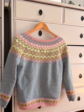 Pastel Fair Isle Yoke Sweater - Light Blue & Pink